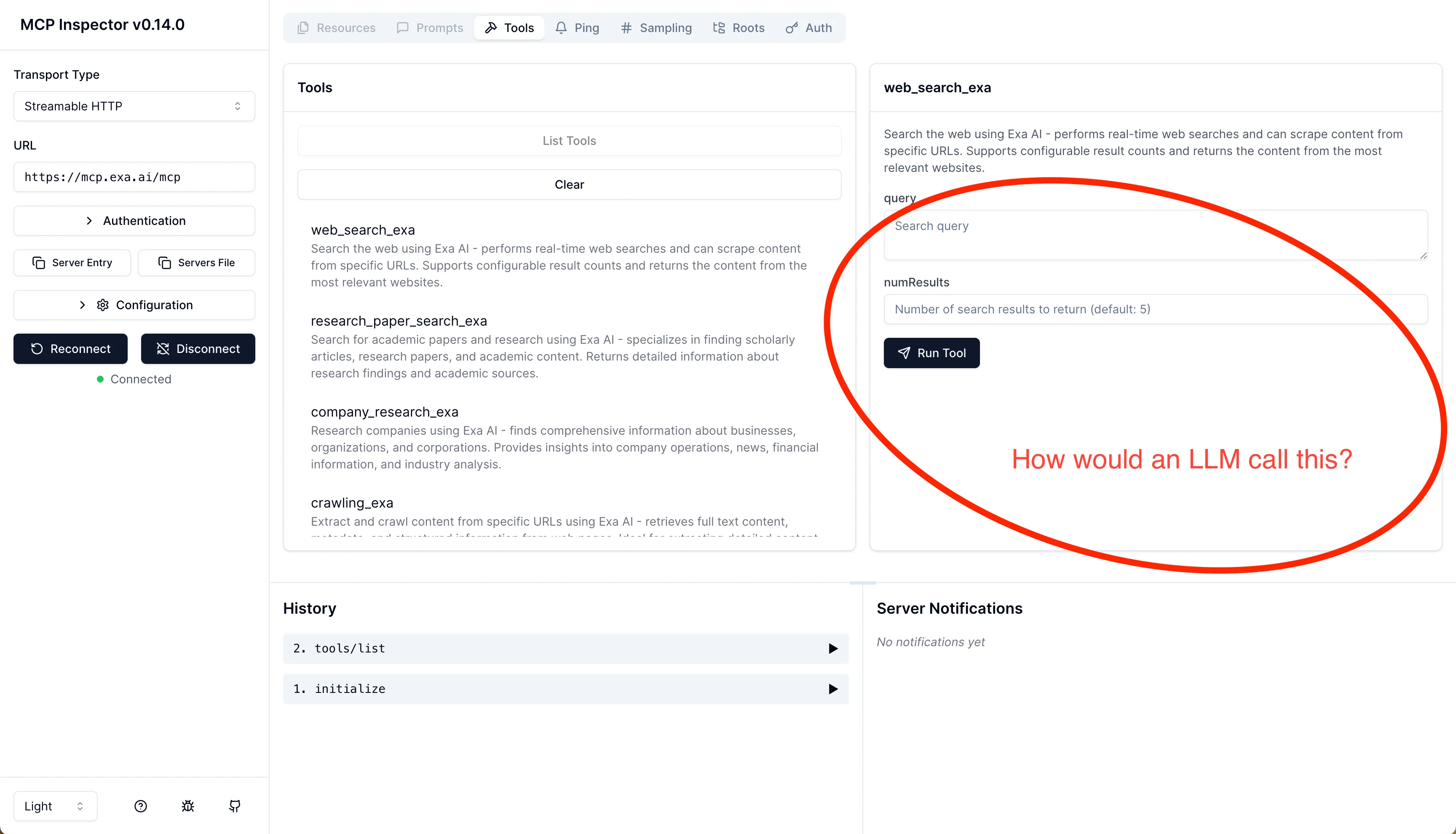 The default MCP inspector