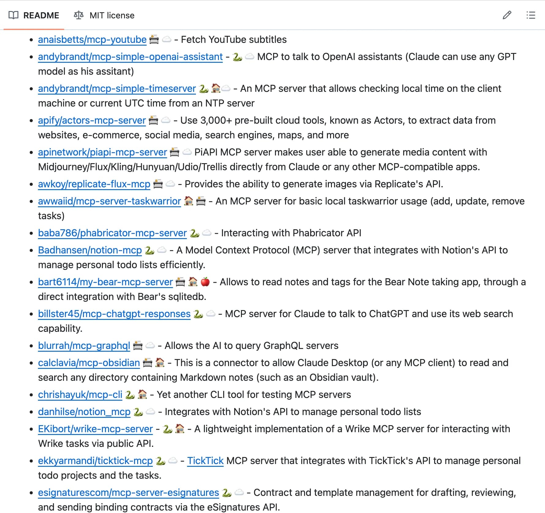 GitHub lists of MCP servers